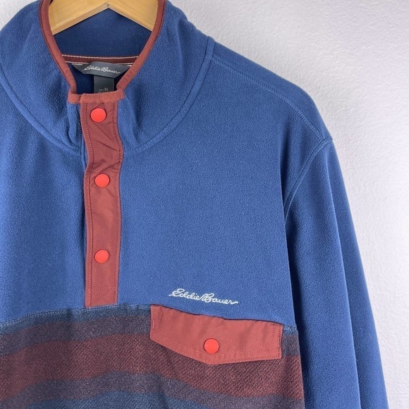 Eddie Bauer Navy Red Jacket Pullover Fleece Chutes Mock Neck Snap Button Mens XL - Picture 4 of 9